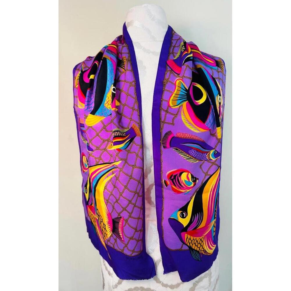 Vintage 80's Oscar de la Renta 100% Silk Scarf Vibrant Purple Fish Print